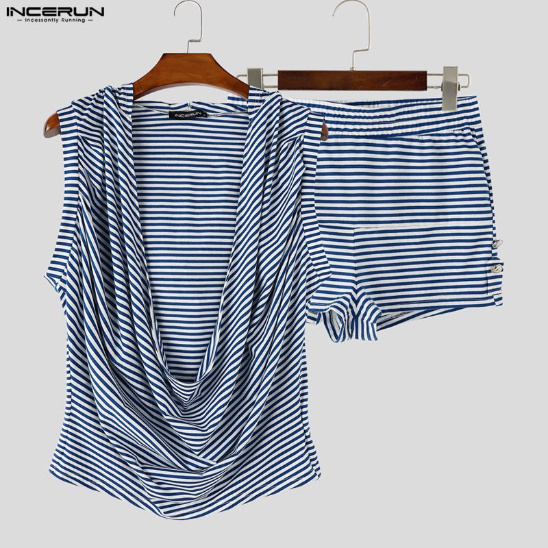 Street Fashion For Man - INCERUN أطقم رجالية مخططة صيفية، توب