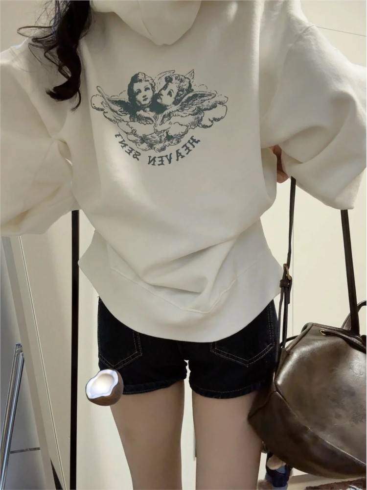 Street Fashion Zip Up Hoodie - هوديز نسائية بيضاء عتيقة الطراز بسحاب