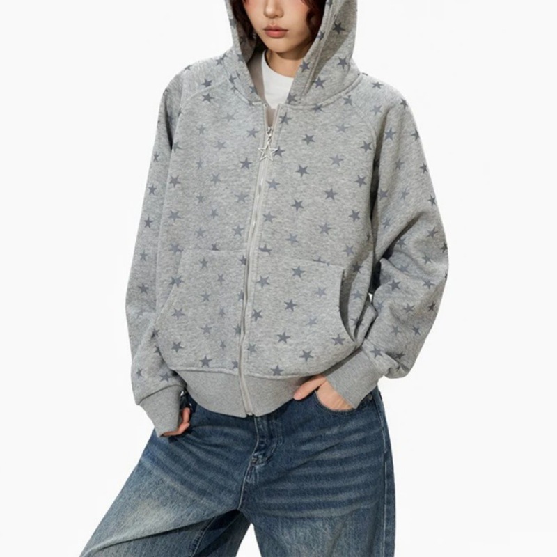 Street Fashion Zip Up Hoodie - هوديز نسائية بطبعة النجوم على الطراز